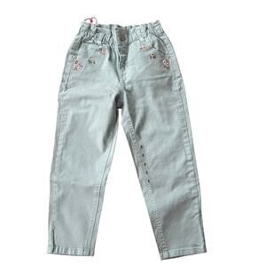 NWOT Harvest Girl Paper Bag Jeans Light Green with Flower Embroidery 6